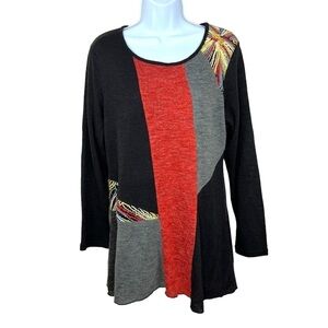 Large Colorblock Patchwork Sweater Knit Long Sleeve Top Stretch Pullover